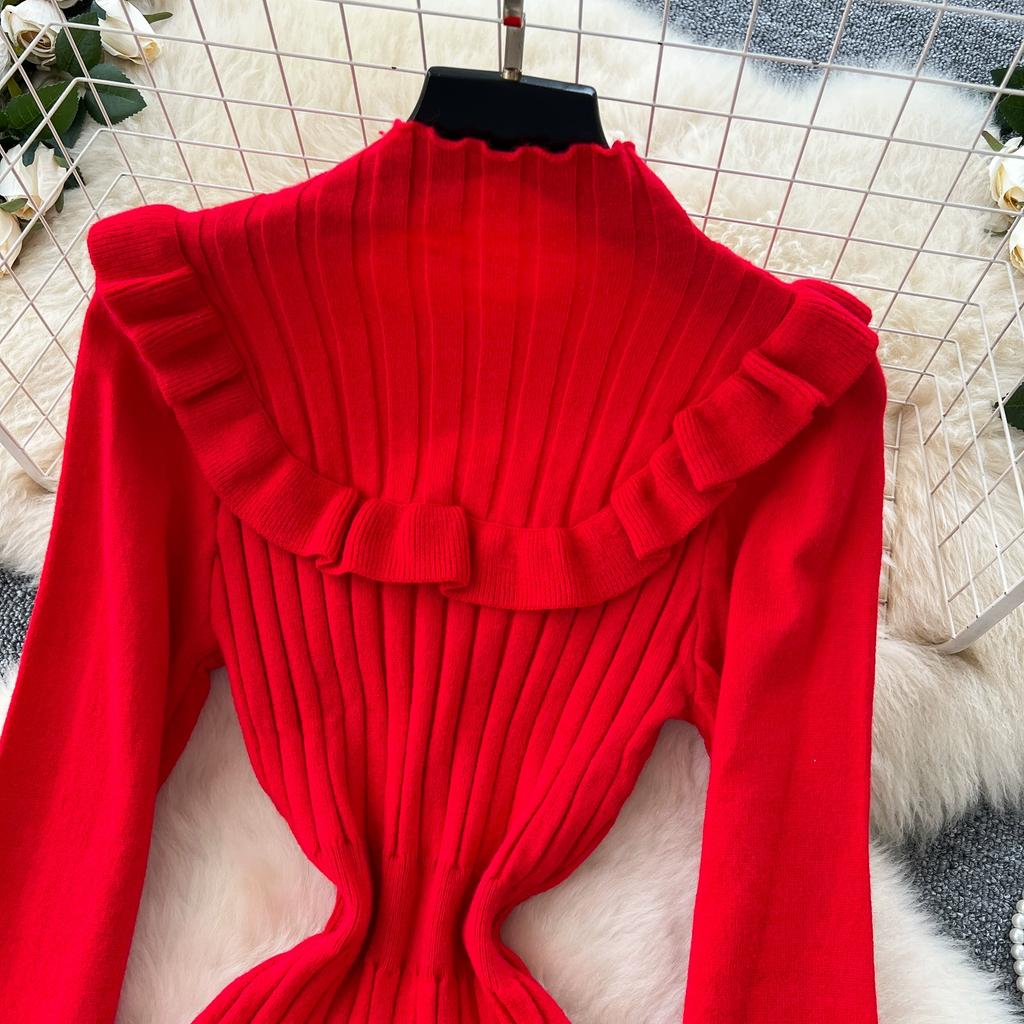 Autumn Spring Women Casual Stand Collar Full Sleeve Long Midi Knitted Sweater Pullover Dresses