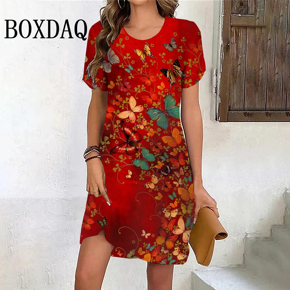 Women s loose-fitting dress, featuring butterfly, floral and plant patterns, 3D printing, short sleeves, summer women s casual wear S