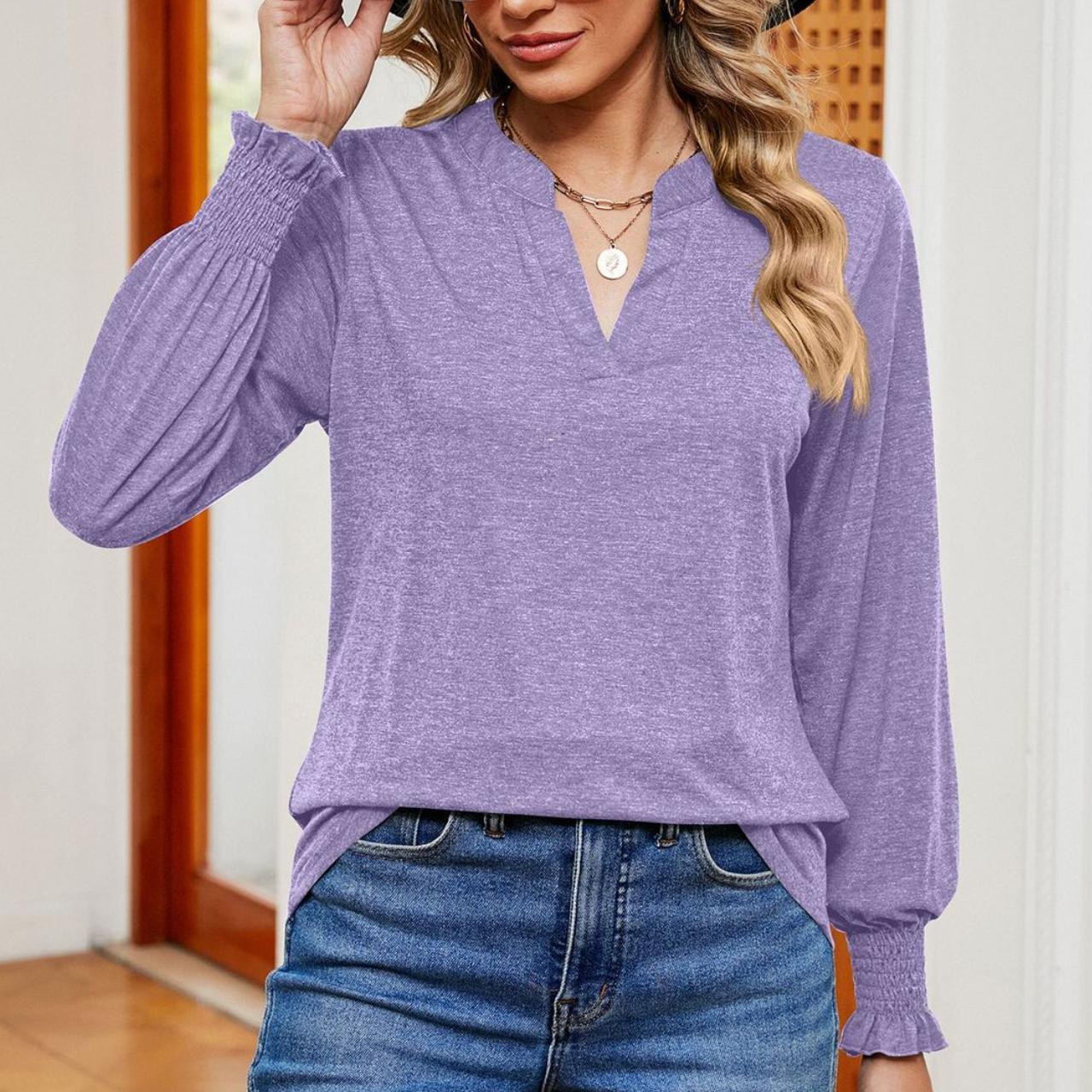 BITCED Осень/зима однотонная свободная повседневная футболка с v-образным вырезом — фото 4