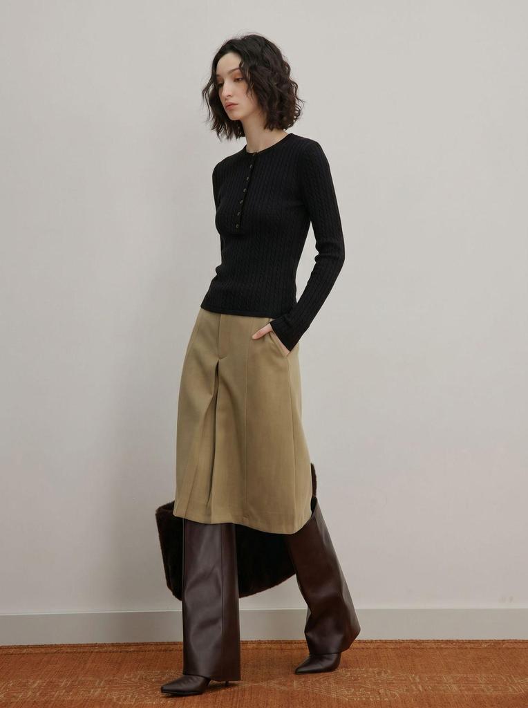 Women's Slimming Henley Wool Sweater: Retro Cable Knit, Jacquard Long Sleeve Top for Autumn & Winter