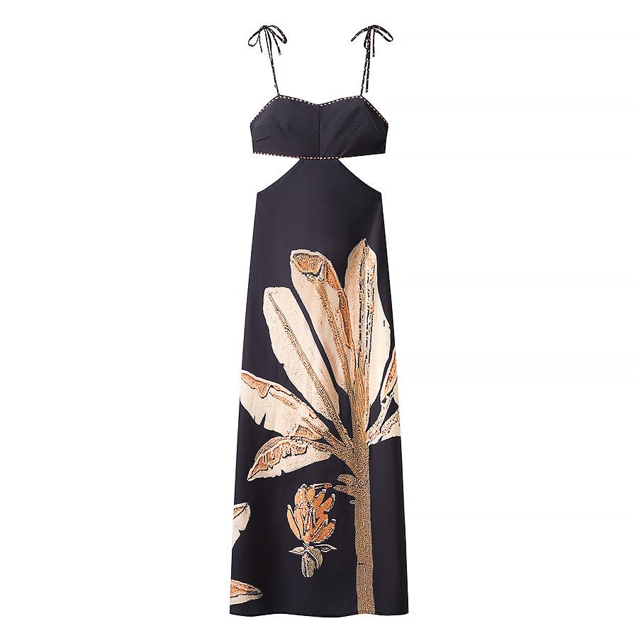 

2025 Женское летнее платье в европейском и американском стиле, сексуальное, с вырезами, на бретелях-спагетти, с принтом Large как