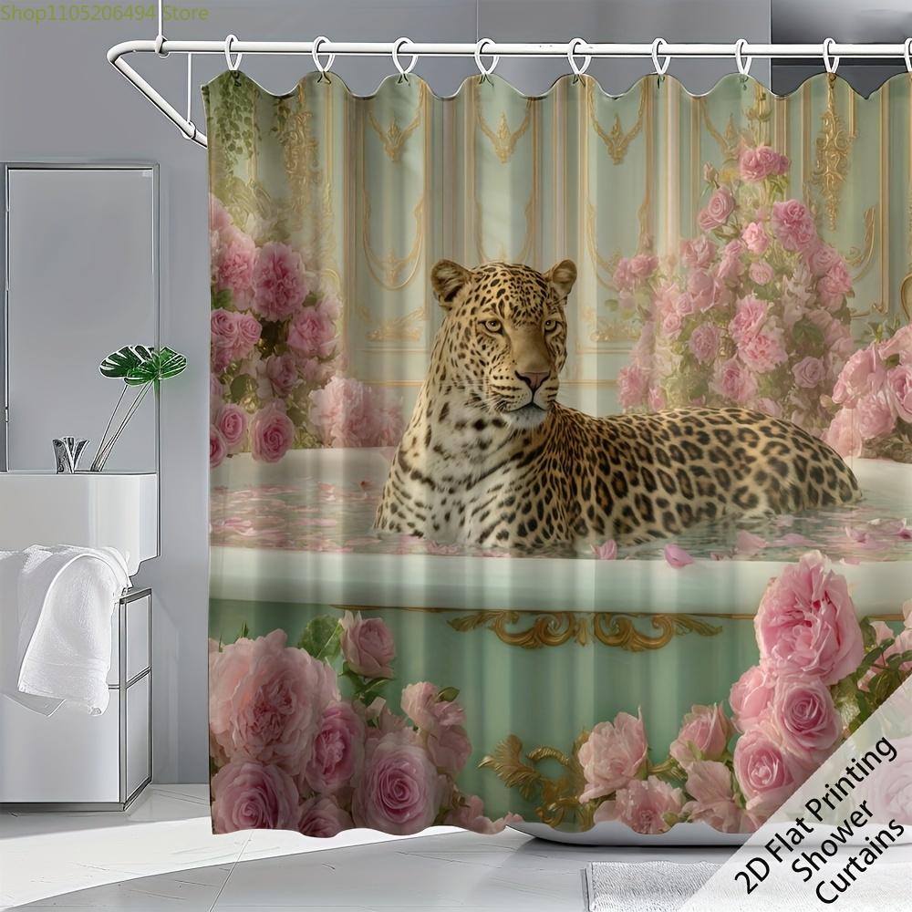 One Piece of a Polyester Shower Curtain Featuring a Leopard in a Bathtub Surrounded by Pink Roses, Complete with 12 Hooks. It'