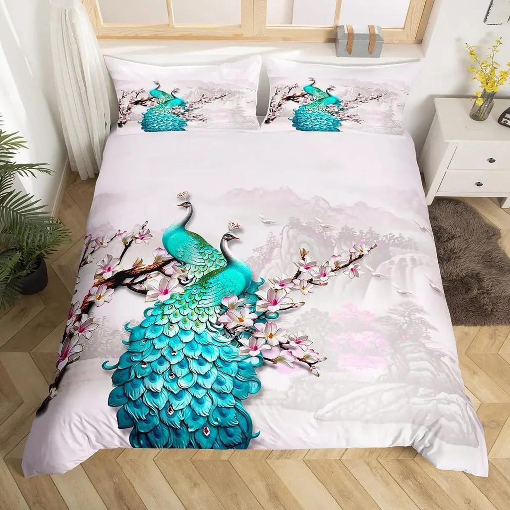 Peacock Comforter Cover Bohemian Duvet Cover Set Exotic Birds Animals Bedding Set Feather Floral Fresh Natural Bedspreads Cover