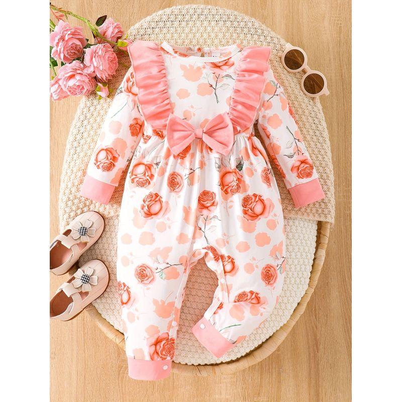 

Foreign Trade Ins Newborn Infant Girl Spring and Autumn Style Bowknot Floral Print Long-Sleeve Open-Crotch Romper