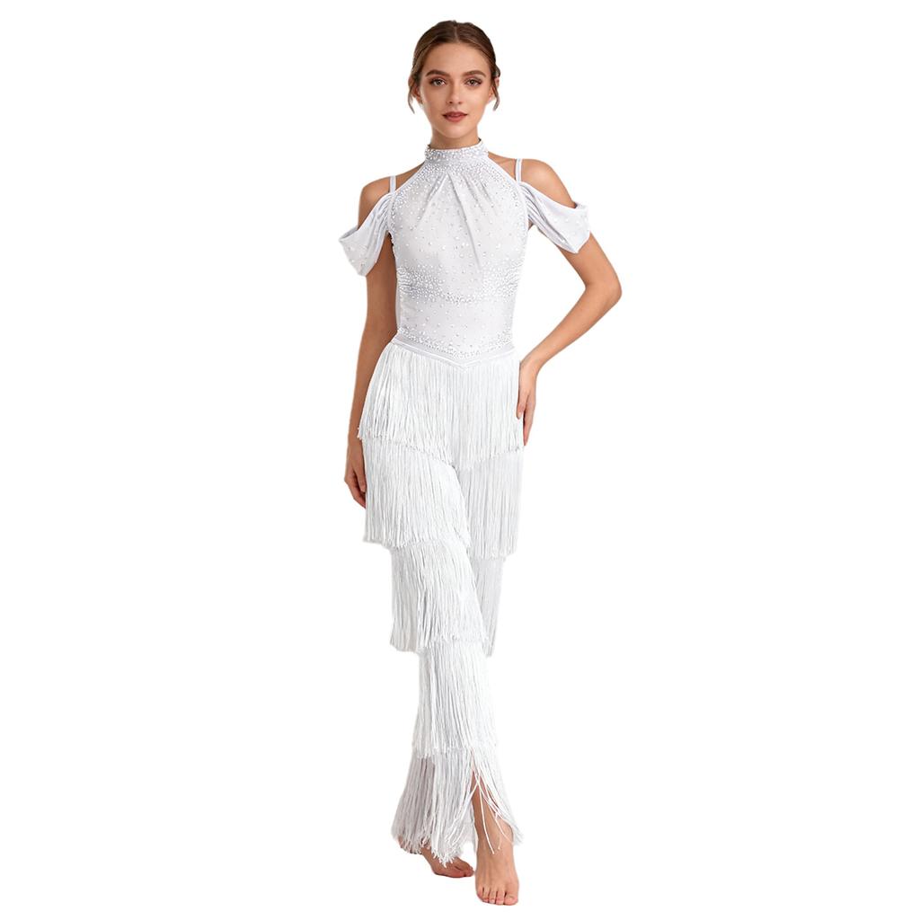 Damen Latein-Tanzparty Jumpsuit S-XXL: Halter Off-Shoulder rückenfreie Strampler mit Strasssteinen, mehrstufigen Quasten für Samba, Rumba, Gesellschaftstanz