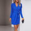 Women Autumn Winter Elegant V Neck Long Sleeve Solid Color High Waist Short Dress