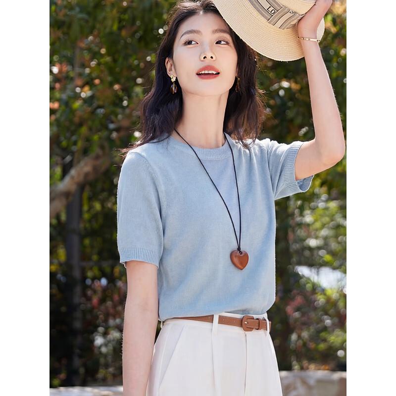 Women's Round Neck Knit Short Sleeve T-Shirt