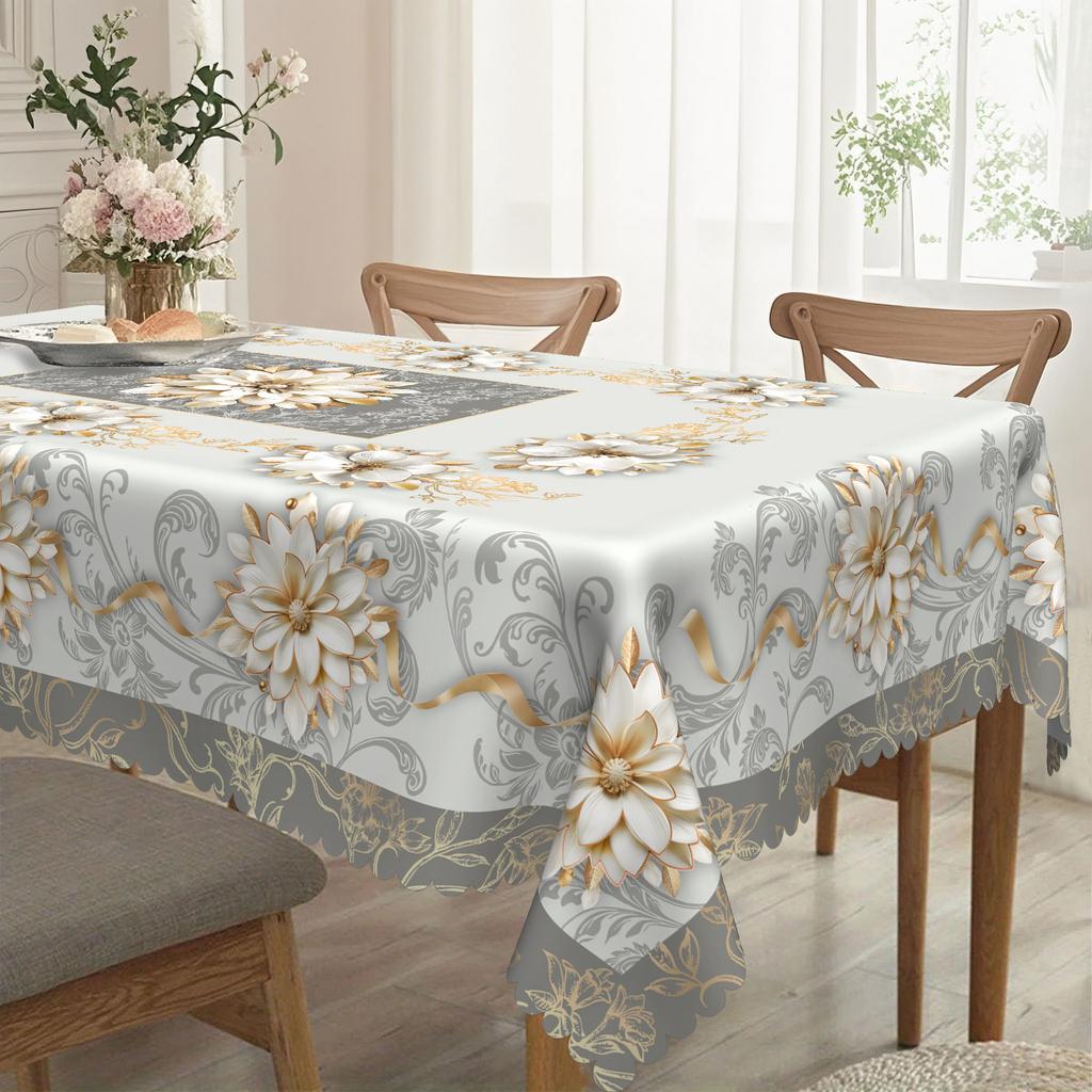 Elegant White And Gold Floral Round And Rectangular Tablecloth With Embossed Edges, Luxurious Lattice
