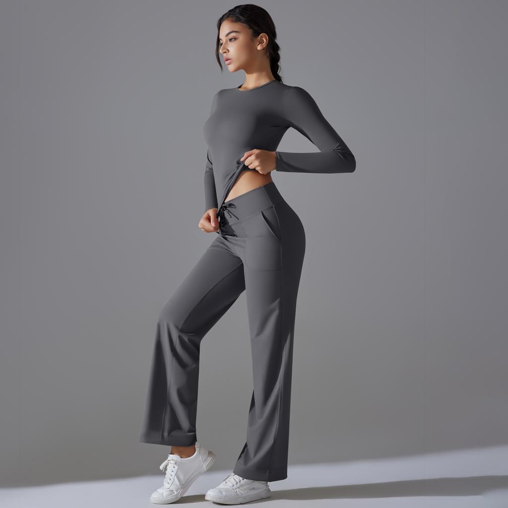 Auroth Long Sleeve Yoga Set With Pockets Women Workout Colthes Gym Top Wide Leg Fitness Pants Sportswear