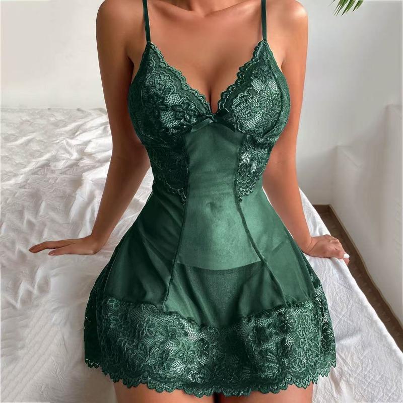 Sexy deep V-opening bra erotic lingerie set sexy crotch underwear women's lace hollow jumpsuit exotic pajama dress