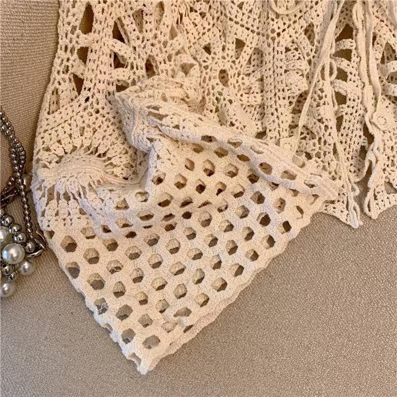 Cárdigan Chal de Ganchillo Bohemio con Cordones - Estilo Verano Resort para Mujer, Top de Manga Larga