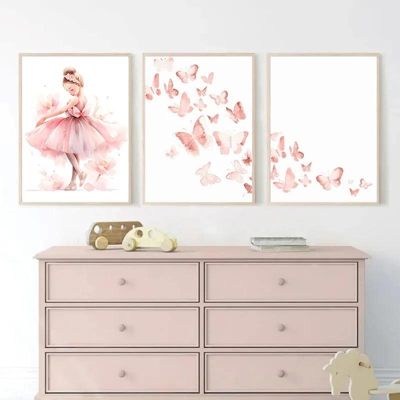 Pink Ballerina Girl Unicorn Butterfly Poster Kids Room Decorative Canvas Panting Posters Nursery Wall Art Baby Bedroom Decor