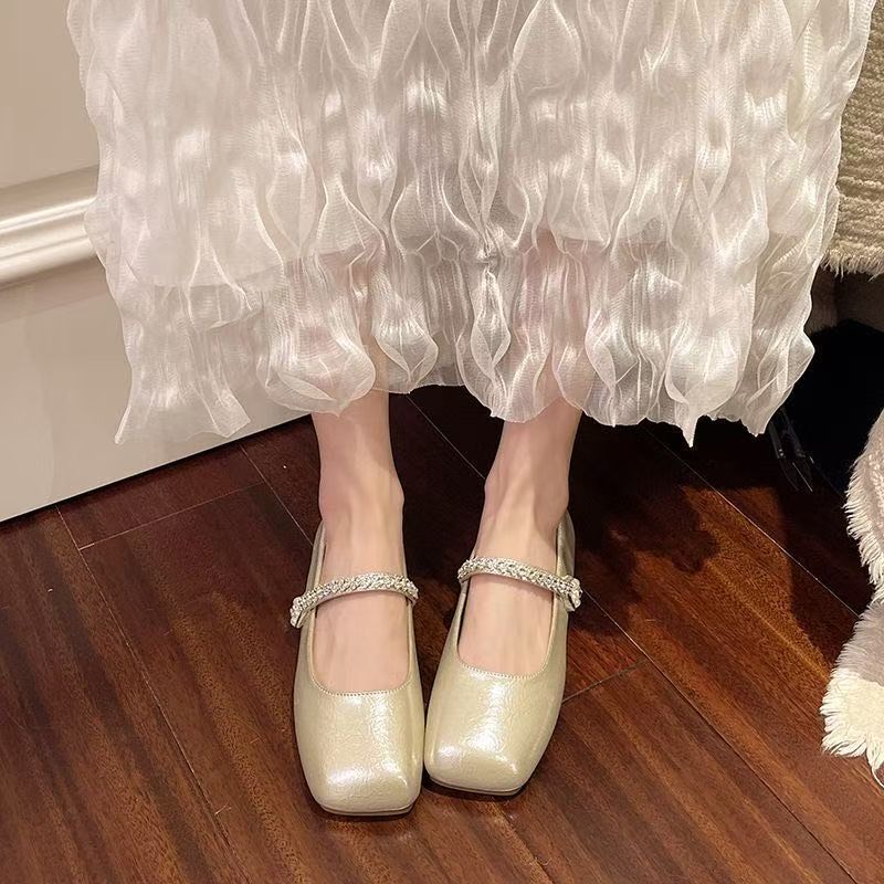 French one-word with rhinestone flat Mary Jane shoes spring and summer new fashion square head shallow mouth soft sole single shoes women