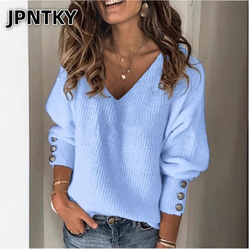 JPNTKY Women's Fashion Casual Solid Color Print Long Sleeve V Neck Blouses & Shirts