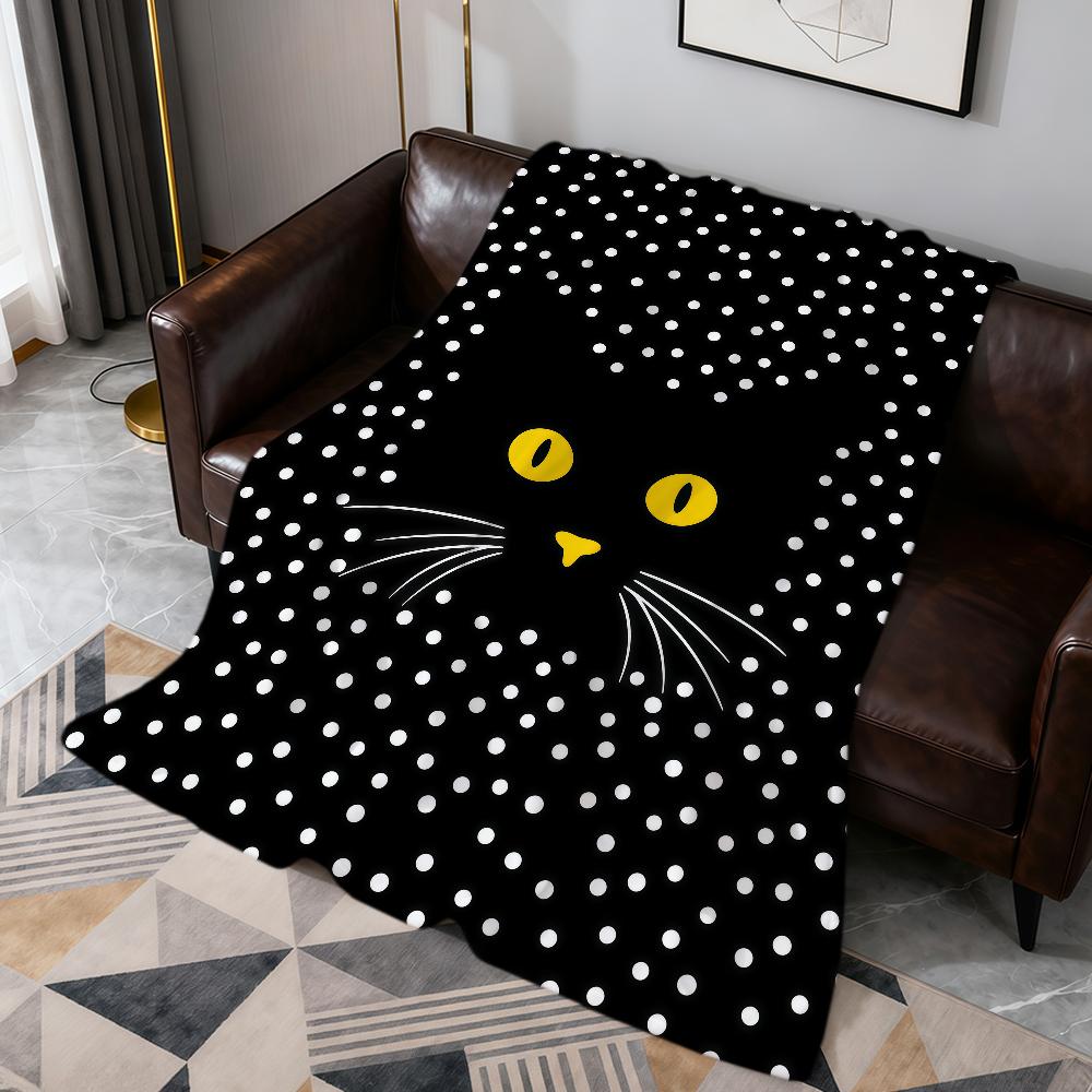 Modern Black Cat Polka Dots Cute Abstract Fashion Soft Warm Plush Blanket Dorm Sofa Living Room Hogar Bedroom Gift Home Flannel