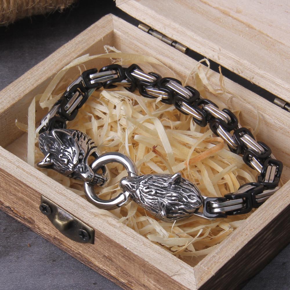 Bracciale con Ciondolo Lupo Vichingo in Acciaio Inossidabile a Maglia Rete, Gioielli Punk Biker da Uomo, Colore Inalterabile