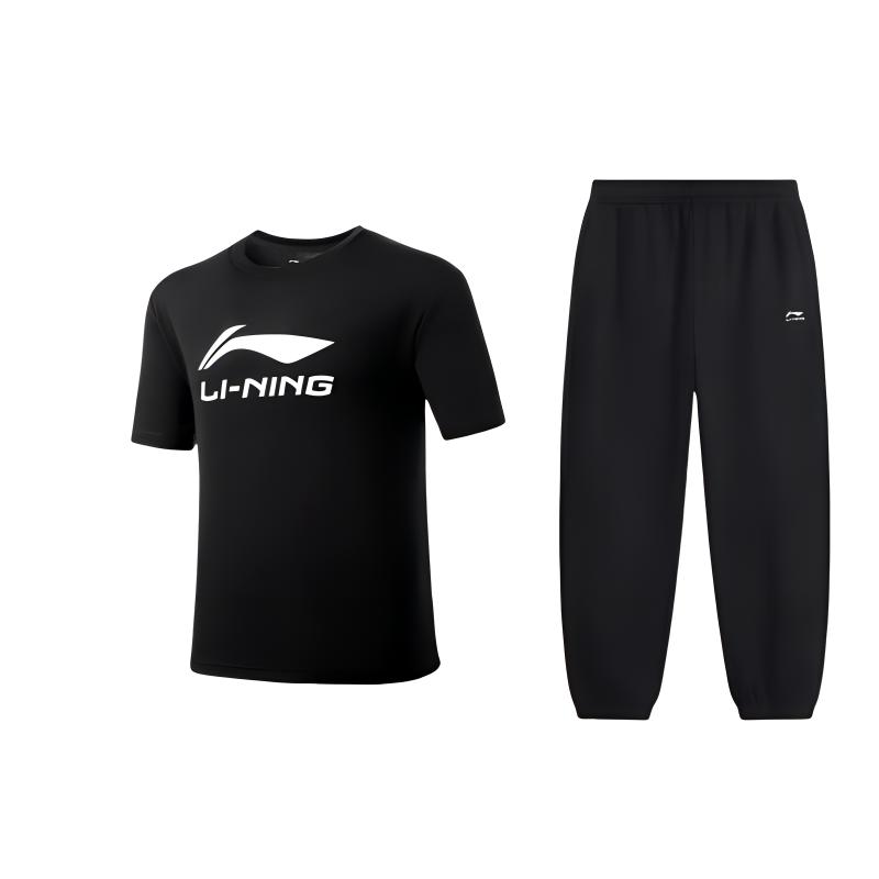 

Спортивный костюм унисекс Li-Ning с принтом логотипа-буквы, быстросохнущая футболка с коротким рукавом и простые брюки с манжетами, повседневный спортивный комплект, Черный ATSU493-1+AKLUC61-1 M