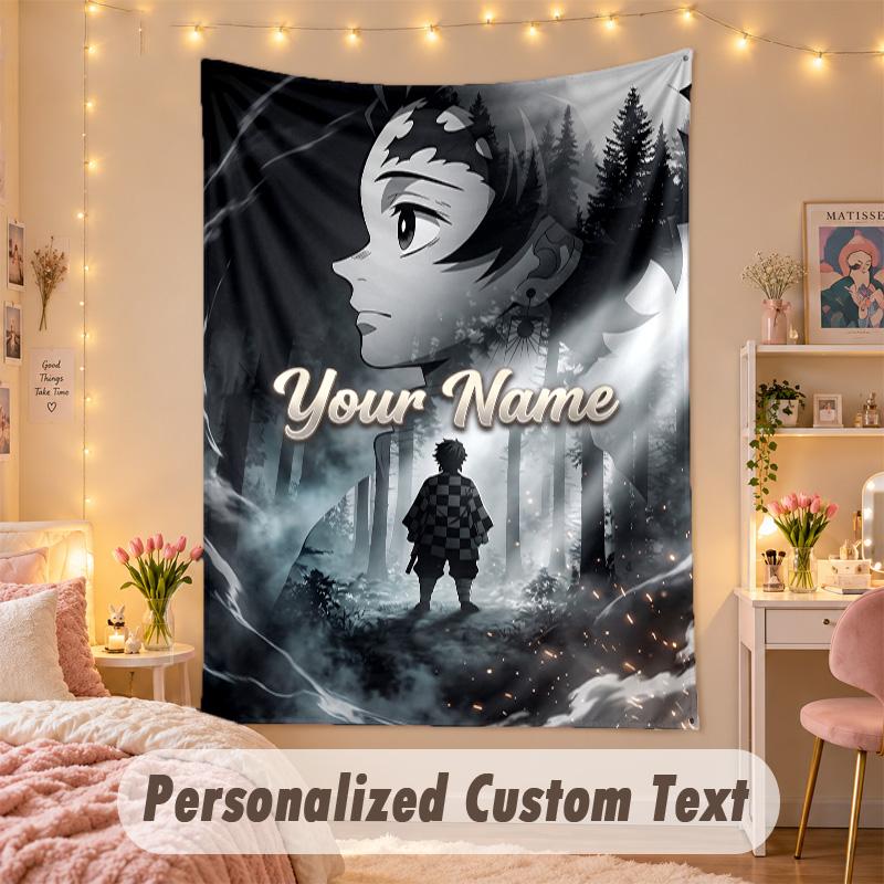 Custom Personalized Tapestry,Demon Slayer Print Custom Name Text Wall Art Hanging for Bedroom