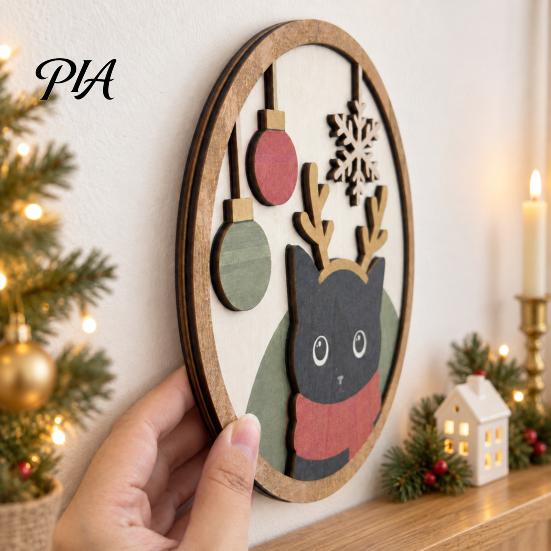 Cute Animal Wall Art Christmas Black Cat Decor, Layered Wooden Hanging Sign, Round 2D Creative Layout Flat Decoration for Living Room Bedroom And Hall