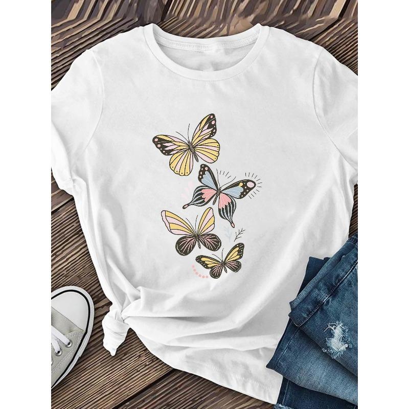 European Size Women's "Flying Butterfly" Printed Short-sleeved Shirt, Suitable for Daily Wear, Made of Soft and Breathable Polyester Fiber