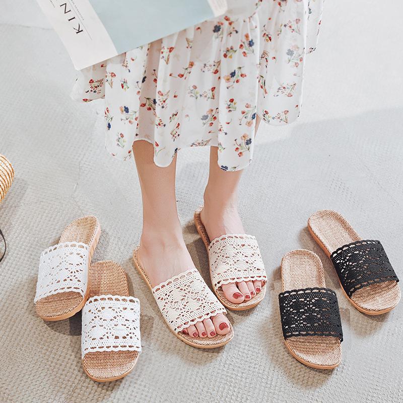 Eleganti pantofole da donna in lino con rifiniture in pizzo, scarpe estive perfette per le signore