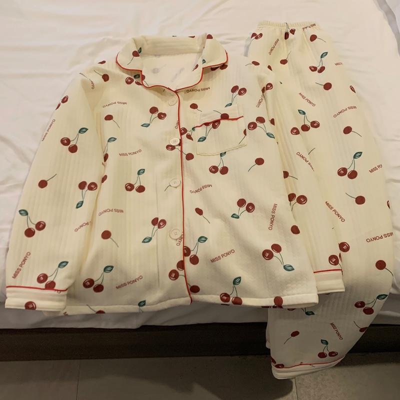 Casual Simple Cherry Print Women's Pajamas Set Long Sleeve Top & Elastic Waist Pants Pajamas Lapel Neck Design Nightwear