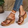 Bohemia Metal Decoration Wedge Heel Sandals Women 2025 Summer Round Toe Chunky Platform High Heel Slides Fashion Beach Slippers