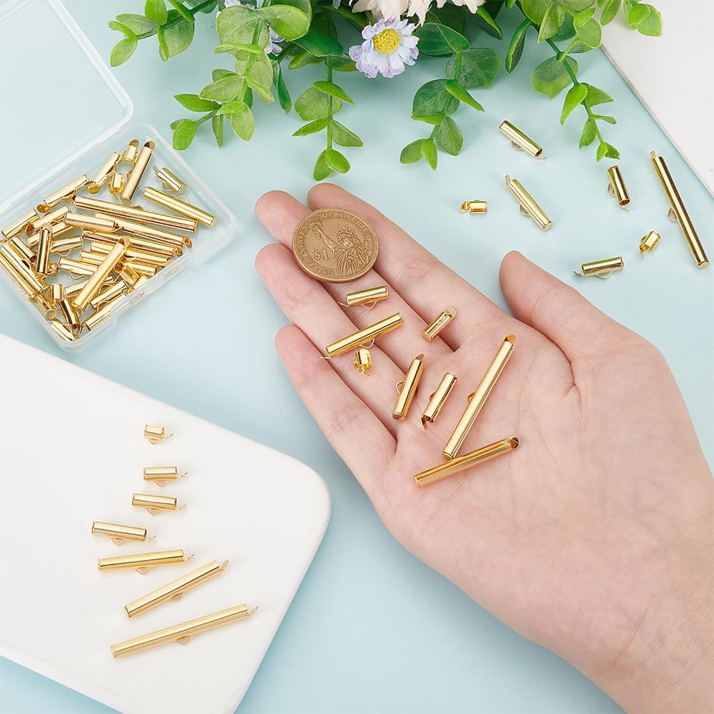 BENECREAT 56pcs 8 Sizes 18K Gold Plated Stainless Steel Slide On End Clasp Tubes Slider End Caps Clasps Slider Clasp Jewelry Accessories for Bracelet
