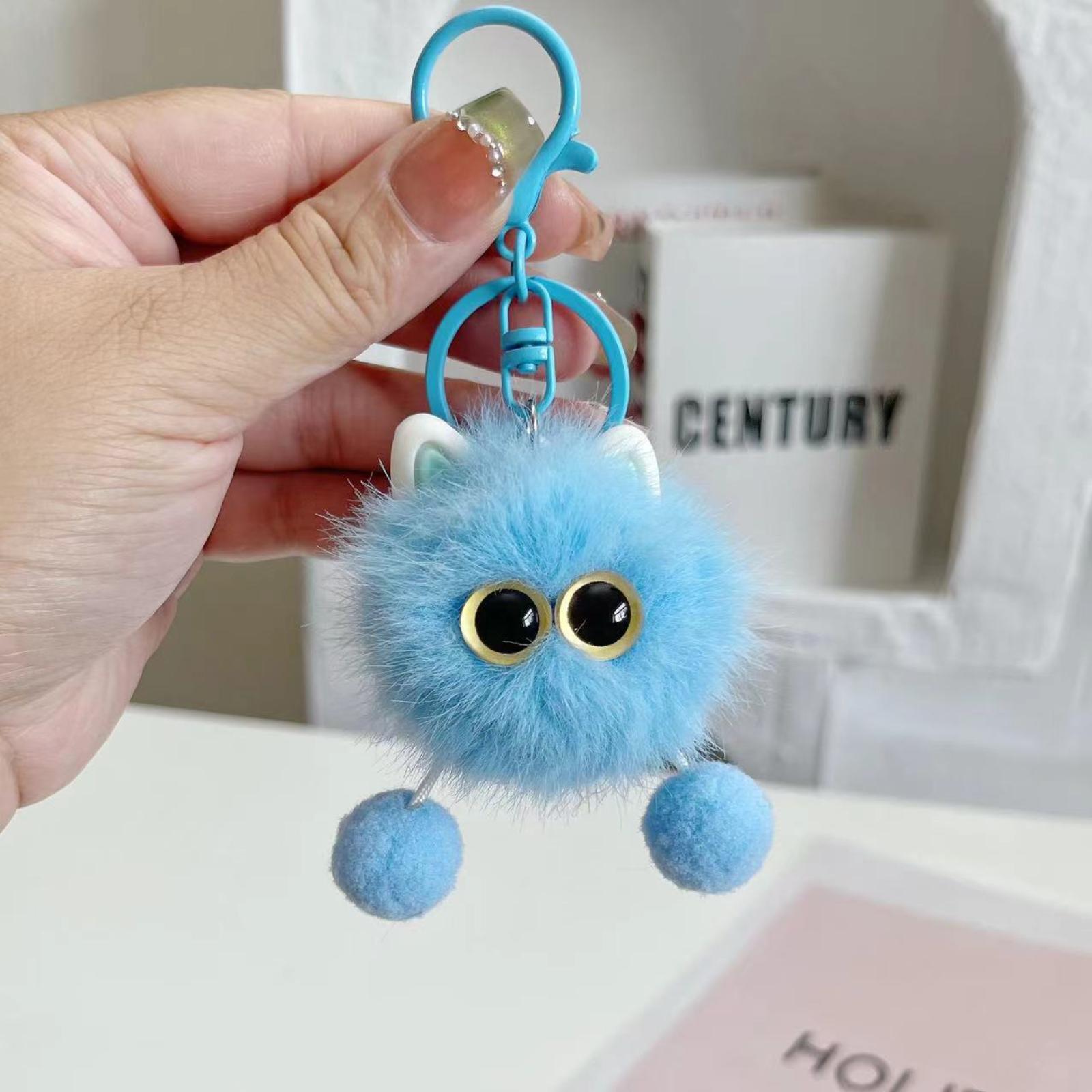 

Plush Faux Fur Pom Pom Keychain with Large Eyes and Small Ears Soft Texture Durable Metal Ring and Clip Suitable for Car Keys Bag Accessories One Size