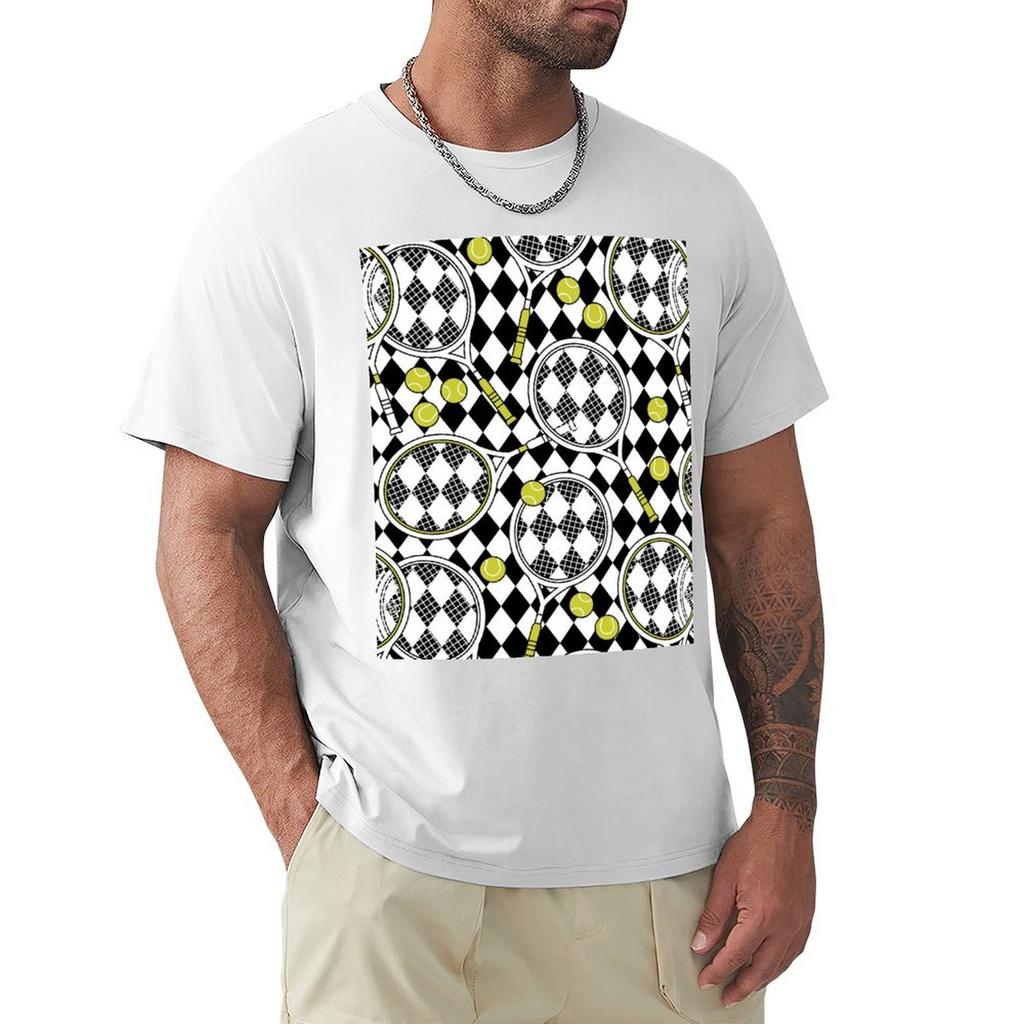 Tennis Racket with Balls On Checkered TShirt Oversize Tshirts Man Funny Tshirts T Shirts for Men Cotton