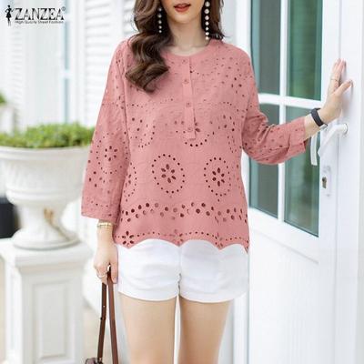 Women Casual Round Neck 3/4 Sleeve Loose Crochet Patchwork Blouse