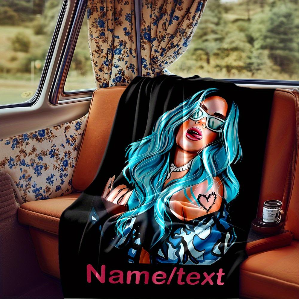 Blue Hair Woman Heart Cutout Blanket Personalized Name Soft Comfortable Stylish Blanket Car Blanket Perfect For Travel Camping Outdoor Home Suitable