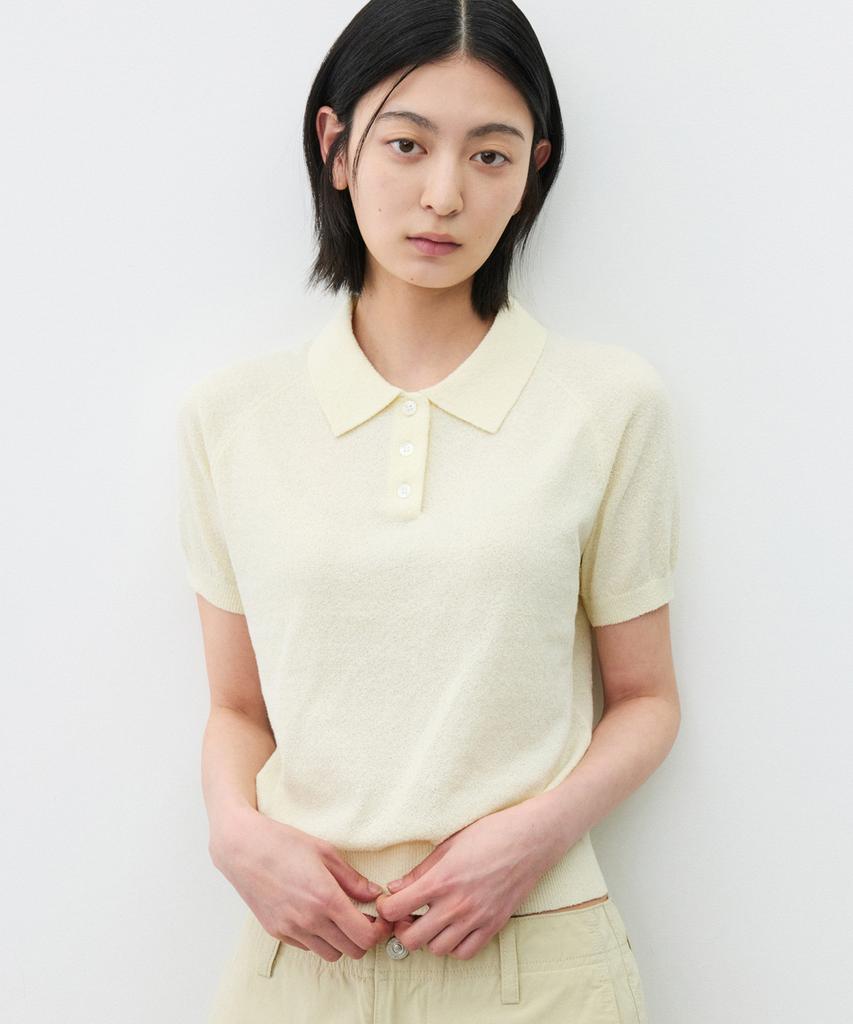 SUARE WOMEN Cotton Boucle Button Collar Knit Yellow