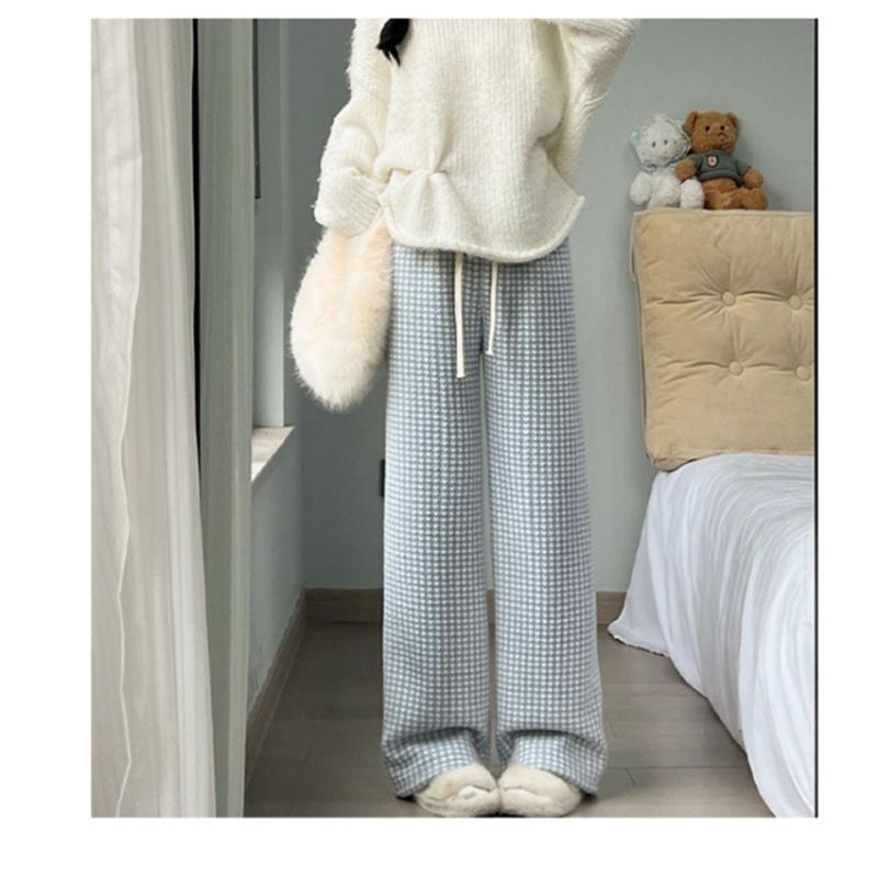 

Autumn and winter new lazy style casual pants women s drape straight thin lamb wool thousand bird grid wide leg pants One Size