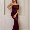 New French Mesh See-through Slanted Shoulder Dress, European and American Sexy Off-the-shoulder Pleated Slim-fitting Hip-wrapped Dress