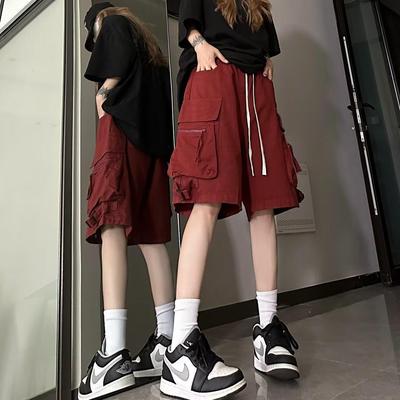 Hip-Hop American Wine Red Men's Summer Work Shorts - Trendy, Functional, Large Size 5-Point Pants