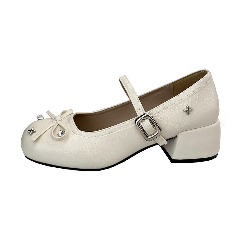 New silver little Mary Jane single shoes with skirt light mouth round head bow ballet French thick heel women's shoes