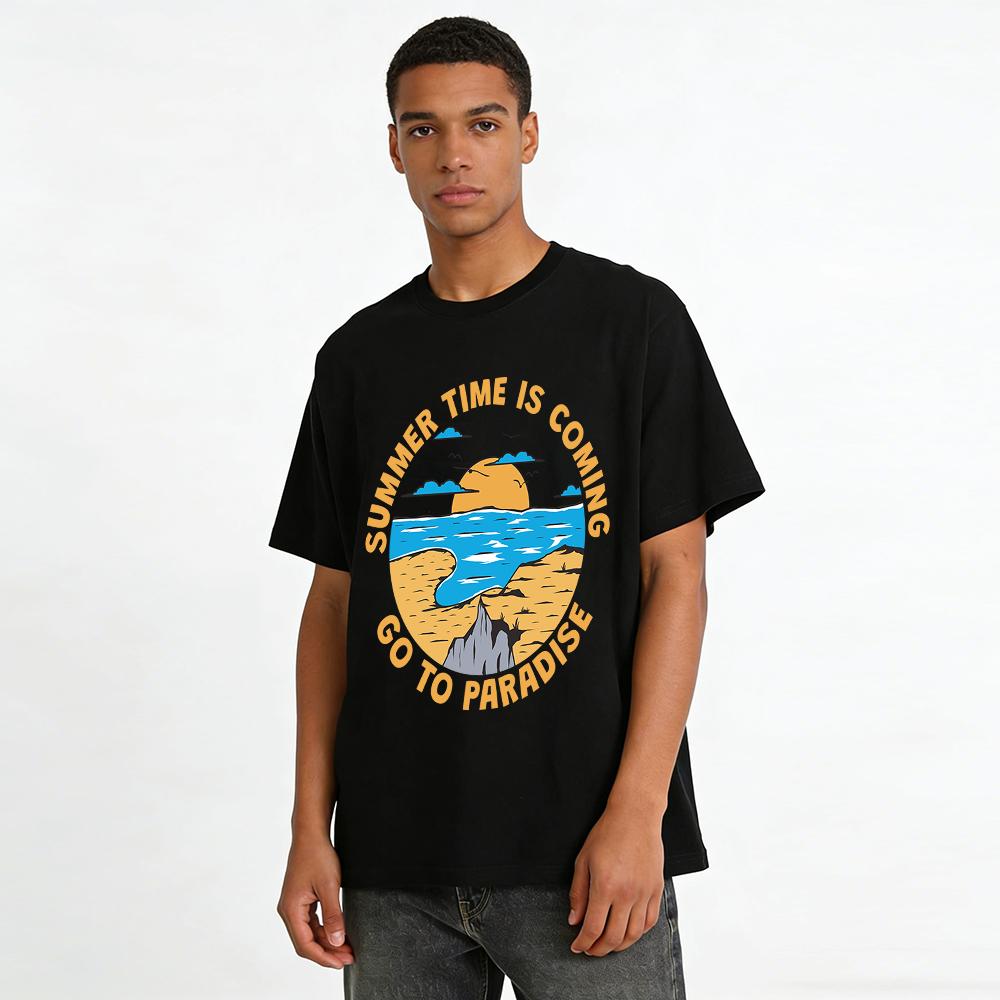 Summer Time Is Coming Go To Paradise Scenic Print Tee Pure Cotton T-shirt