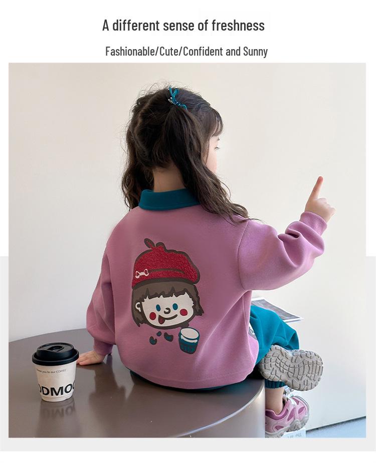 2025 Girls' Korean Style Autumn Two-Piece: Color Block Sweatshirt & Green Pants Set