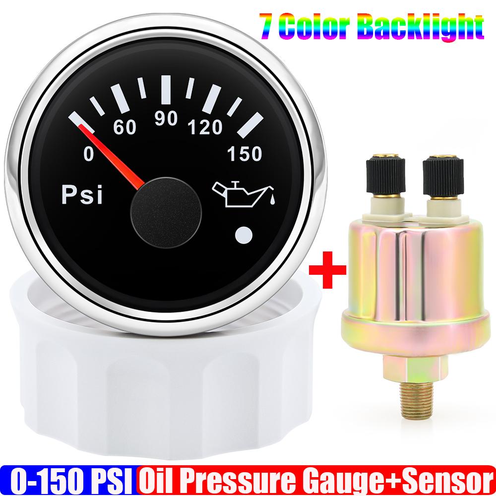 Wasserdichter Auto 2"52mm Öldruckanzeige+Sensor 7 Farben LED 0~150PSI Öldruckmesser mit Blitzalarm Boot Yacht 12V24V