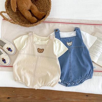 Tuta da Neonato Unisex Orsetto in Denim - Tuta Estiva con Bottoni sul Cavallo per Gattonare