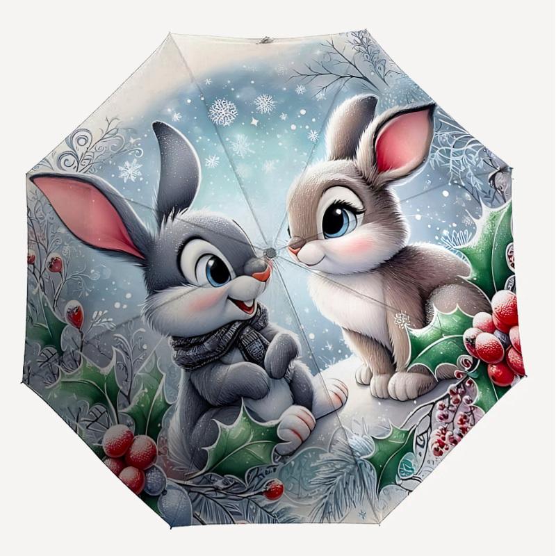 1PC Winter Rabbits Automatic Open/Close Umbrella with Windproof, 8-Rib Sturdy Canopy, Durable Ribs, Fashionable Design, Outdoor Accessory, Fun Prin, H