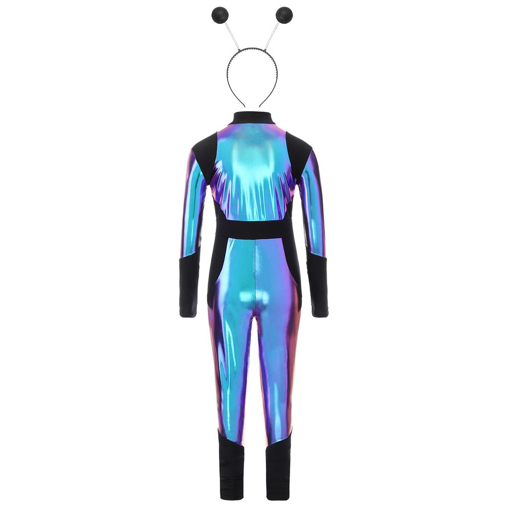 Dětský kostým mimozemšťana Cosplay Dlouhý rukáv Vysoký pas Lesklý kovový zip Kombinéza Halloweenský body