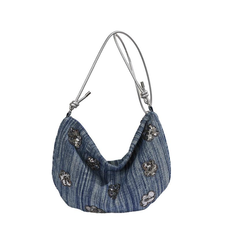 Niche flower sequined bag women's summer new denim bag fashion versatile commuter shoulder messenger bag