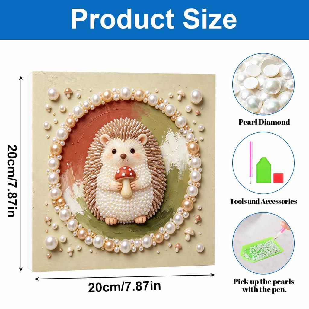 DIY 5D Pearl Bead Painting Kit with Frame Cute Hedgehog Mushroom Design Shiny Canvas Art for Bedroom Wall Decor and Special Artistic Gift