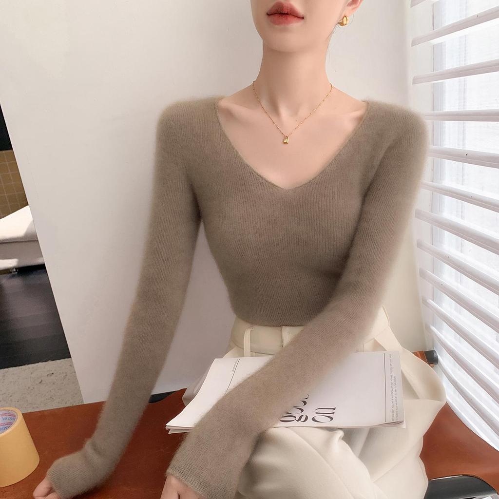 Women's V-Neck Cashmere Sweater - Loose Fit, Solid Color, Autumn/Winter Style