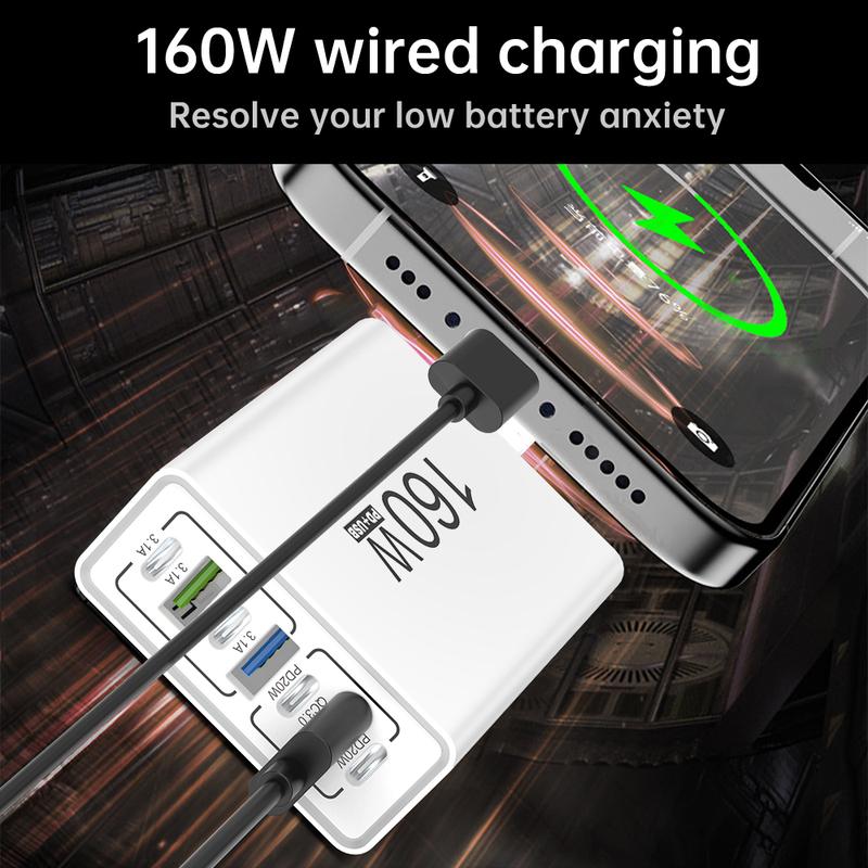 7 In 1 160W Charging Station USB Charger Power Strip PD/Type-C Ports Charger Adapter For Xiaomi 17 15 iPhone Samsung USB-C EU/US