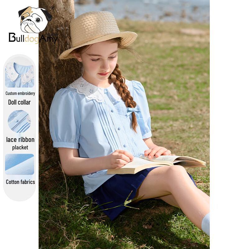 Chanzuigou Girl s Pure Cotton Doll Collar Embroidered Short Sleeve Shirt 140 синий