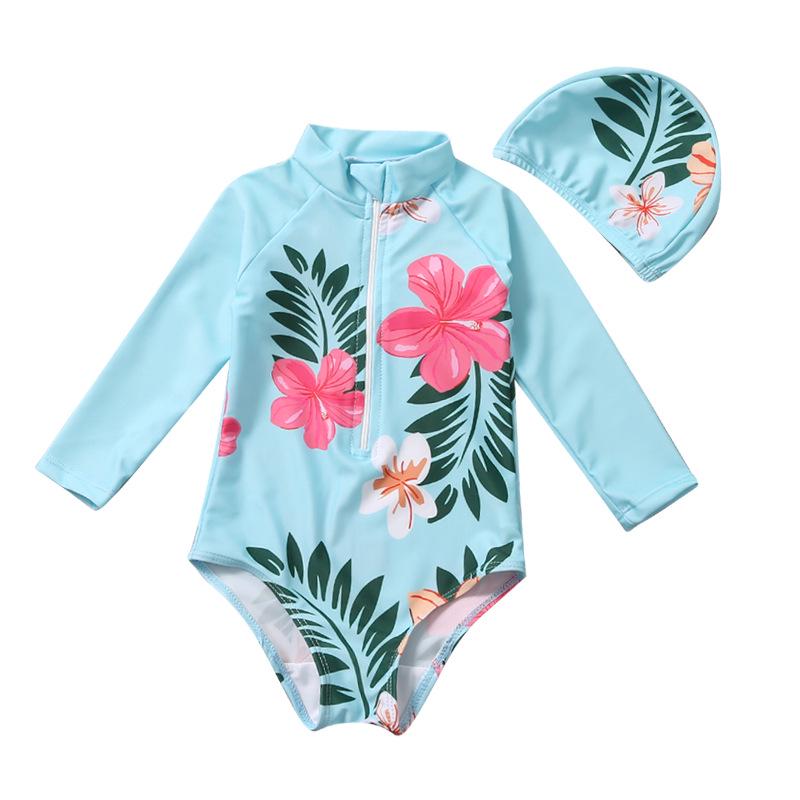 Trendy Korean Toddler Girl's One-Piece Sunscreen Swimsuit Set