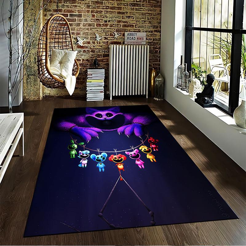 Bunte Charaktere auf dunklem Teppich, geeignet als rutschfeste Matte für das Wohnzimmer oder die Sofaecke im Schlafzimmer